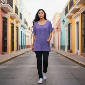 EVRI Purple Tunic Women's 1X Top Hi Lo Hem Side Splits Color Splash Pattern